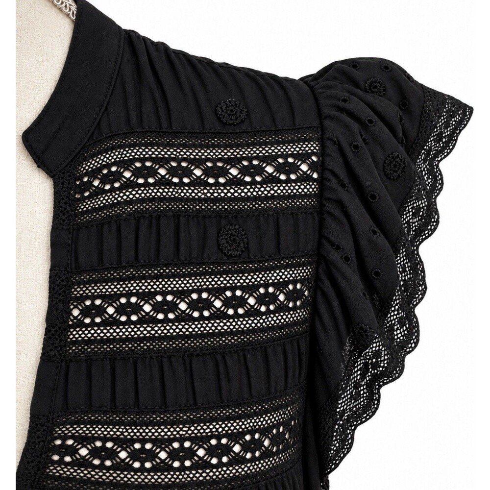Free People Black Tiered Midi Dress S Embroidered Lace Flutter Sleeve Boho - Picture 3 of 6